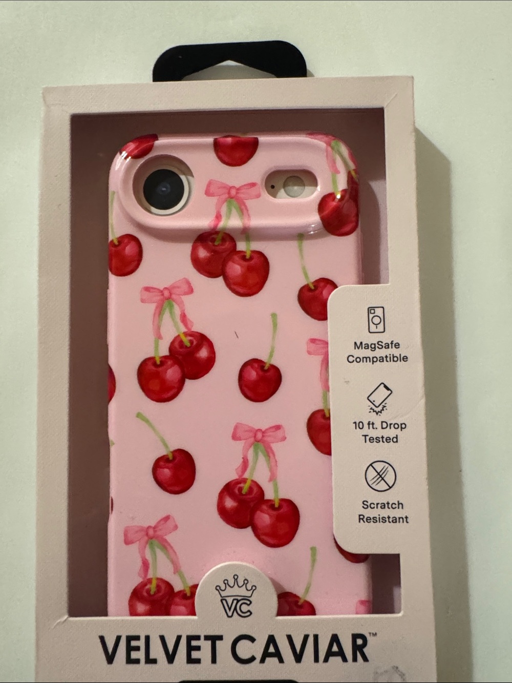 Velvet Caviar Pink Cherry iPhone Case with Red Cherry Print
